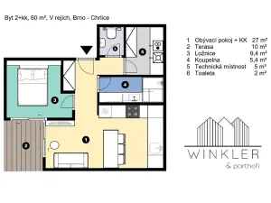 Pronájem bytu 2+kk, Brno, V rejích, 50 m2