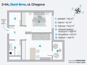 Pronájem bytu 2+kk, Brno - Staré Brno, Ghegova, 51 m2