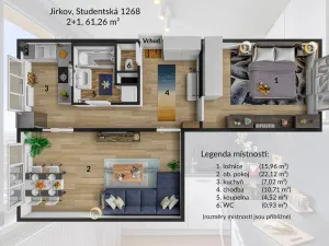 Pronájem bytu 2+1, Jirkov, Studentská, 61 m2
