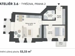 Prodej bytu 2+kk, Praha - Nové Město, Tyršova, 53 m2